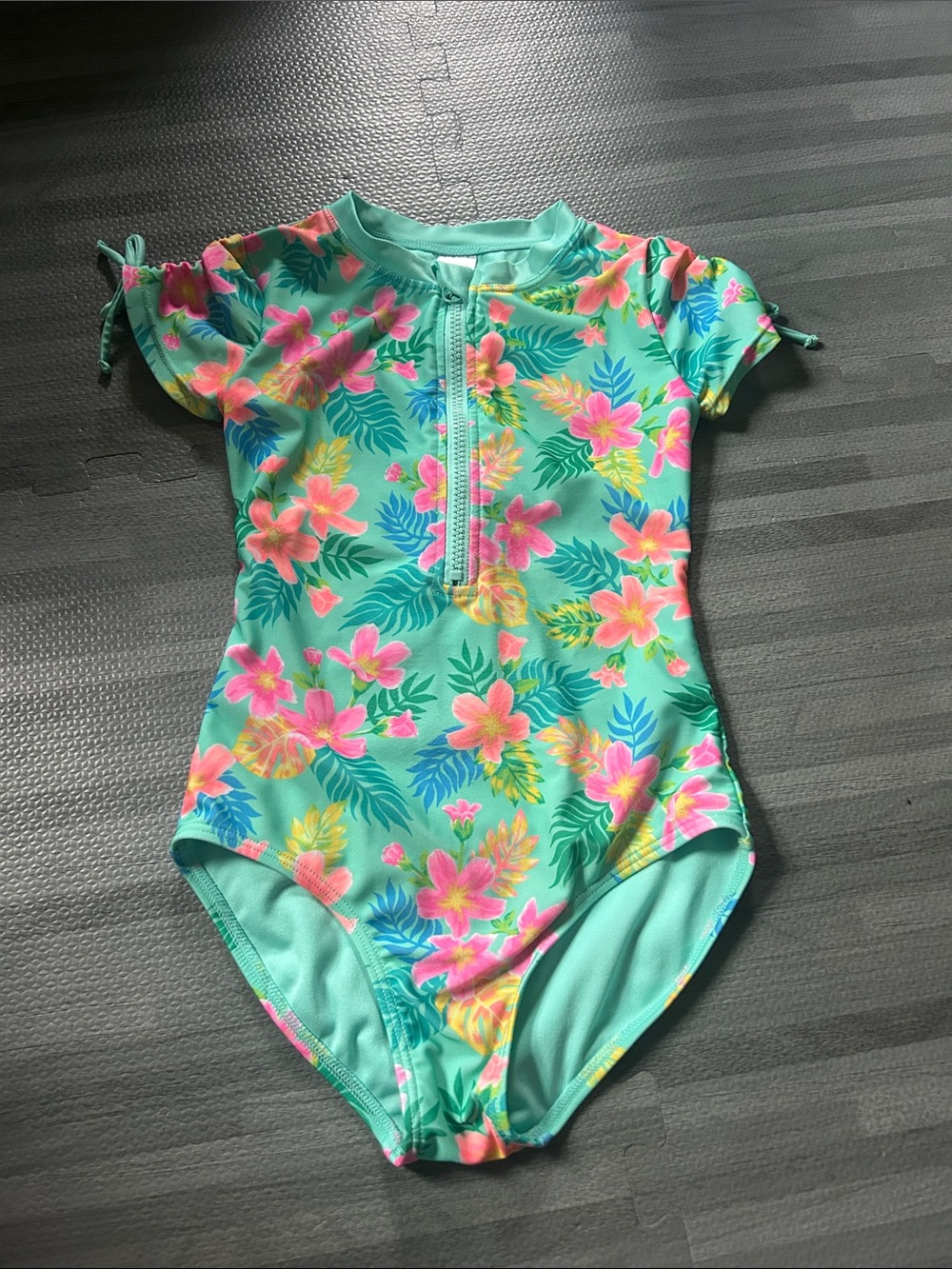 Kids Floral Zip Front Rash Guard Swimsuit - Turquoise
